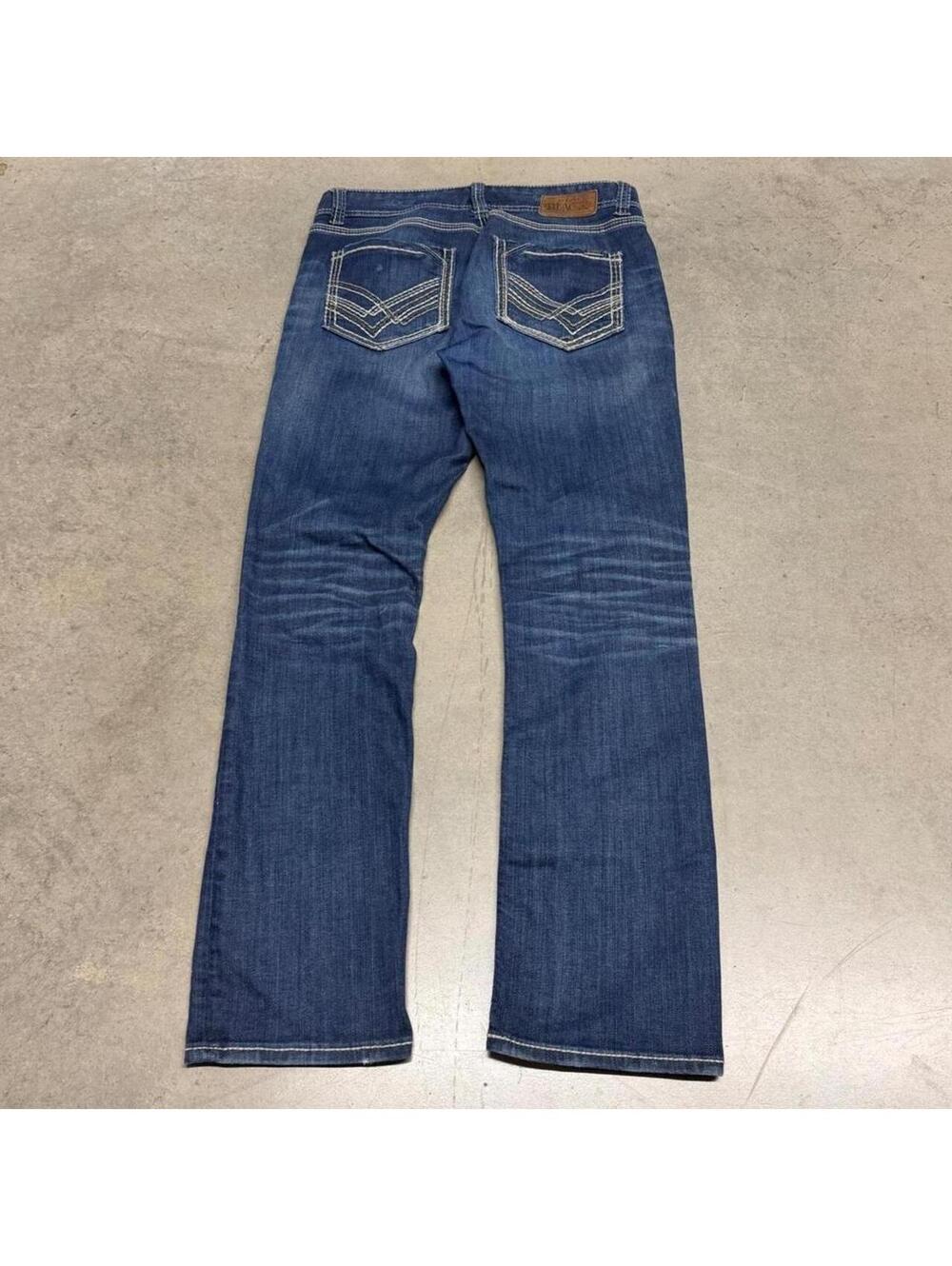 Y2K Buckle Black 3 Straight Faded Whiskered Blue Denim Jeans